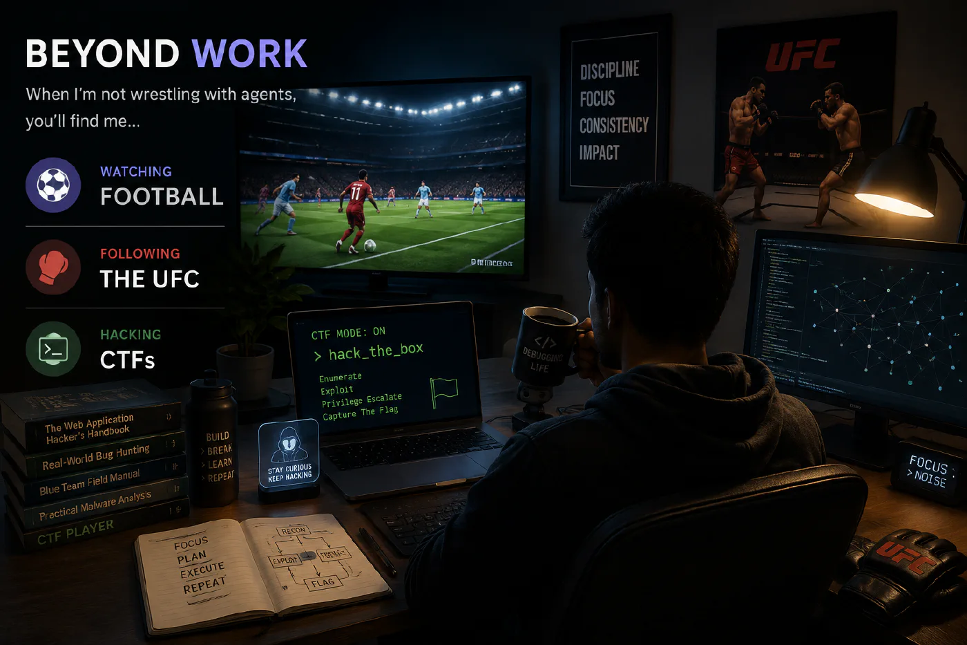 My desk after hours: football on the TV, a UFC poster on the wall, and a laptop midway through a capture-the-flag challenge.
